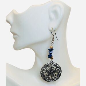 Lapis Lazuli Navy Blue Stone Paisley Flower Silver Tone Drop Dangle Earrings